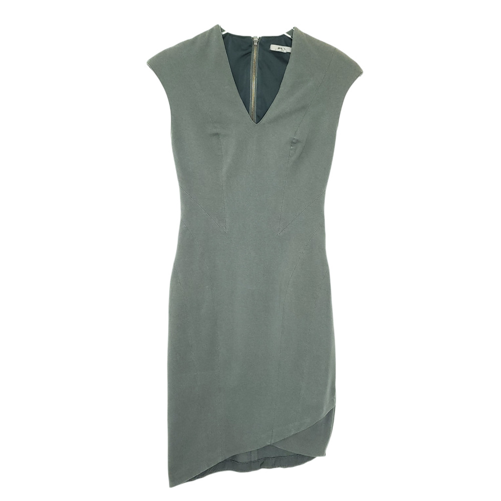 Helmut Lang V-Neck Asymmetrical Mini Dress M Green-Gray Asymmetrical Bodycon